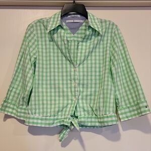 Tommy Hilfiger long sleeve button up women's green and white checkered top